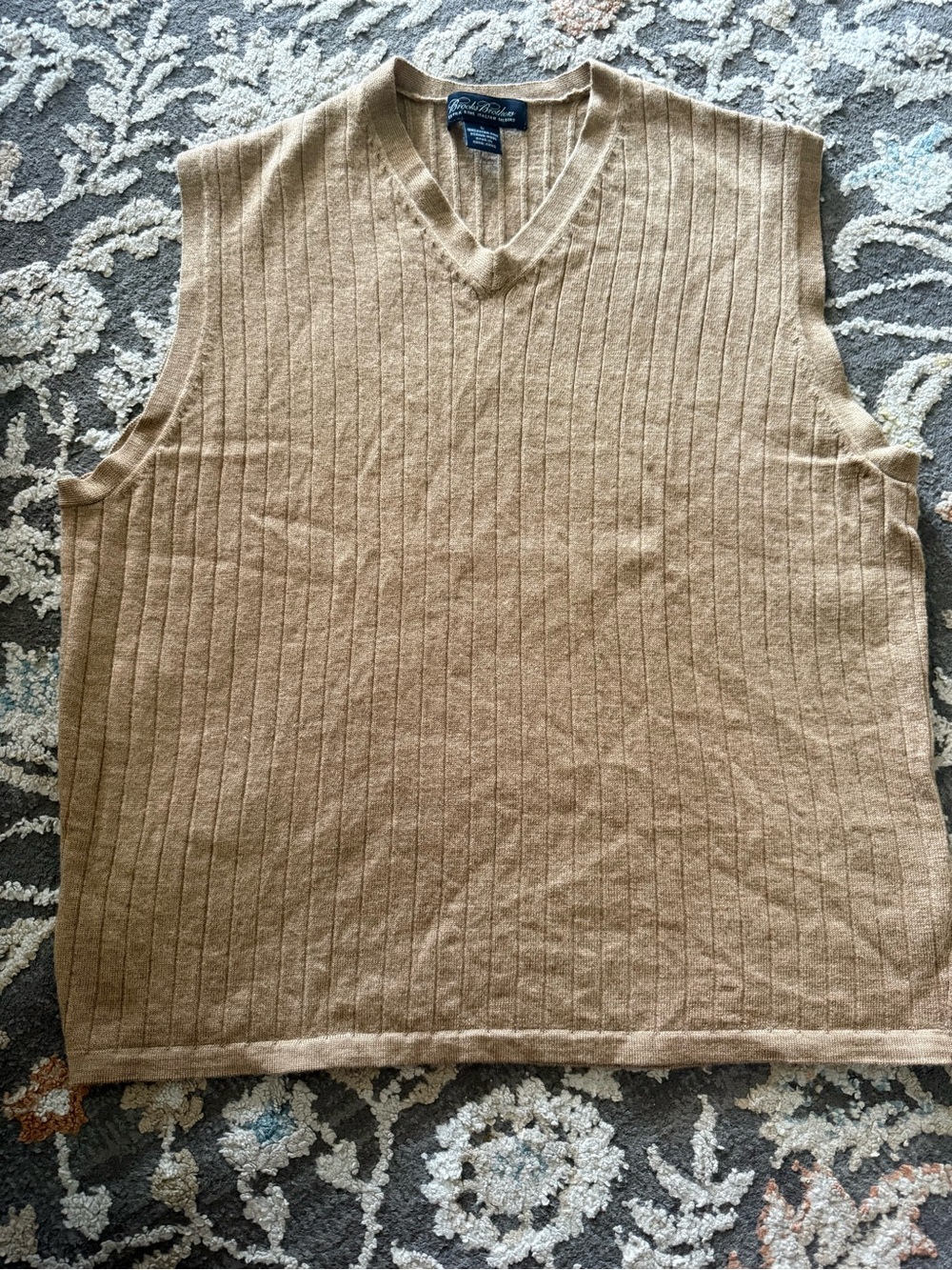 Brooks Brothers Camel Ribbed V-Neck Sweater Vest